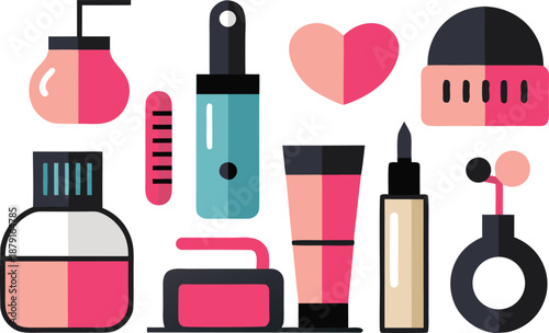 Vibrant pink and black beauty products illustration with heart