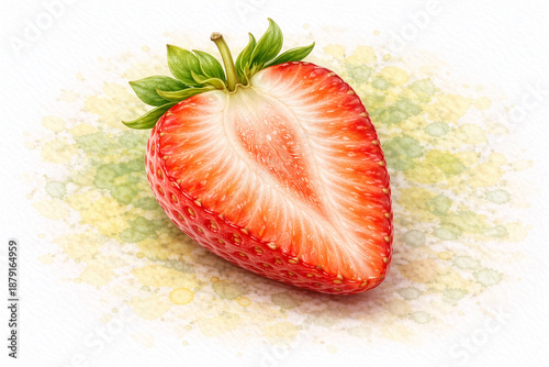 Watercolor illustration of half strawberry with green leaves, isolated on white background