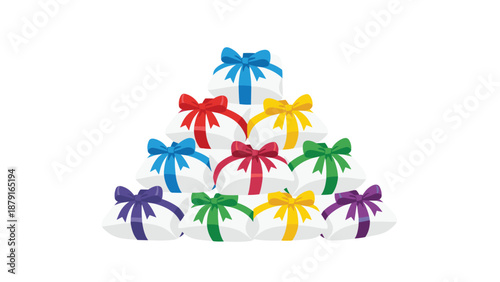 Pyramid stack of multiple white pillows tied with colorful ribbons in various hues, symbolizing comfort, luxury bedding, gift-giving, and a cozy, inviting home environment with abundance.