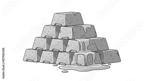 Stack of silver ingots forming a pyramid, with one ingot melting, symbolizing precious metals, investment, wealth, and the volatile nature of financial markets or resources.