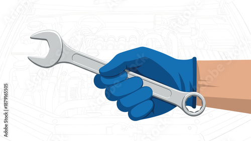Hand in a blue glove holding a silver wrench, symbolizing automotive repair, maintenance, skilled labor, and the tools essential for mechanical work and vehicle servicing.