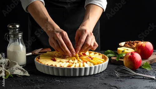 A person arranging apple slices on a pie crust, preparing to bake