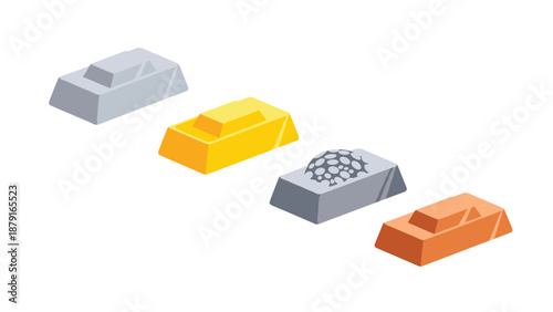 Four metal ingots in silver, gold, and copper, with one silver ingot showing a textured surface, symbolizing precious metals, investment, wealth, and the diversity of industrial materials.