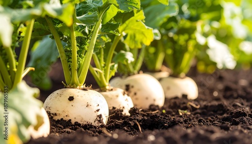 Sunlit Row of Fresh White Radishes with Green Leaves Growing in Dark Soil
