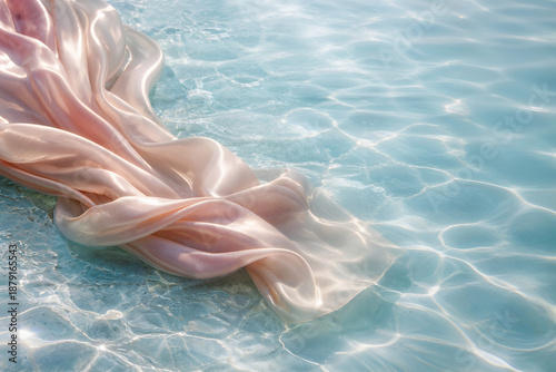 Water-Kissed Silk: Delicate folds of silk dance gracefully in crystal-clear water, creating a mesmerizing display of texture and light, evoking a sense of serenity.