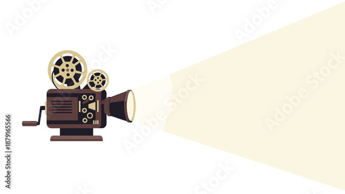 Vintage film projector with reels casting a bright light beam, symbolizing cinema, filmmaking, entertainment, and the classic era of movies and visual storytelling in a retro style.