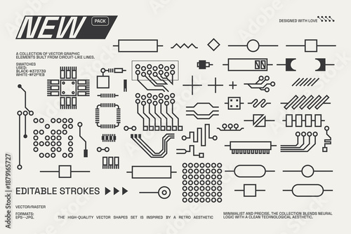 Abstract circuitry designs showcasing geometric and minimalist aesthetics with editable strokes