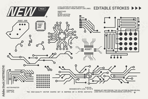 Abstract circuitry designs showcasing geometric and minimalist aesthetics with editable strokes