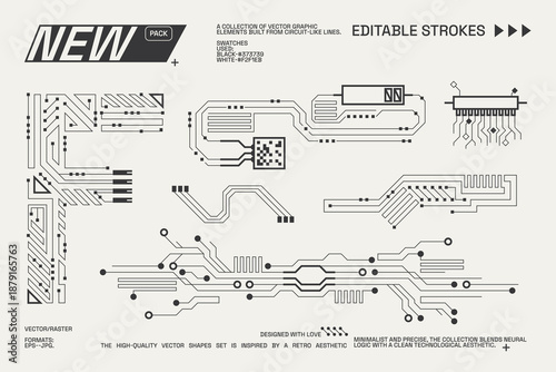 Abstract circuitry designs showcasing geometric and minimalist aesthetics with editable strokes