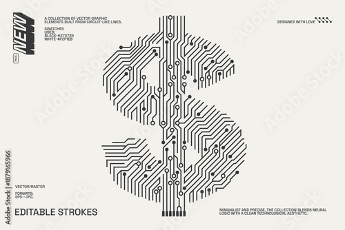 Abstract circuitry designs showcasing geometric and minimalist aesthetics with editable strokes