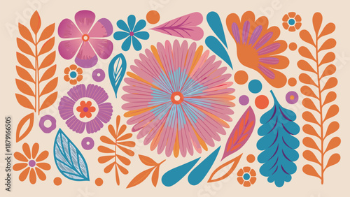 Vibrant floral pattern with colorful flowers and leaves on beige background for design