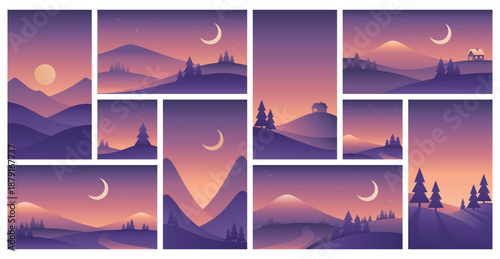 Set of minimalistic winter landscapes in purple colors. Vector gradient illustrations different sizes