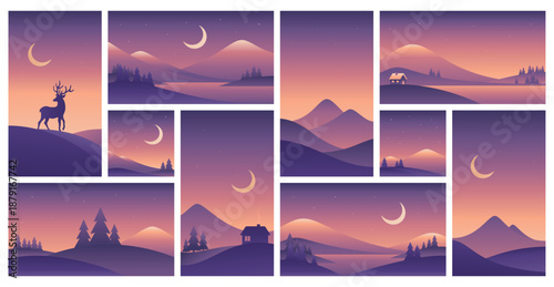Set of minimalistic winter landscapes of sunset in purple colors. Vector gradient illustrations different sizes