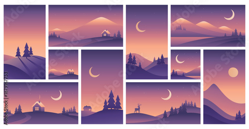Set of minimalistic winter landscapes of dawn or sunset in purple colors. Vector gradient illustrations different sizes
