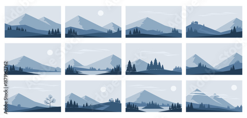 Set of minimalistic Nordic style winter landscapes. Vector images of abstract nature in blue colors
