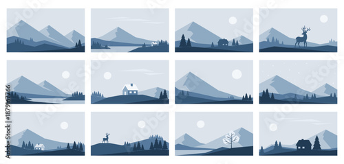 Set of minimalistic landscapes in Nordic style. Vector images of abstract nature in blue colors