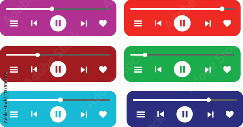 Set of 6 Colorful Flat Design Music Player Controls Vector