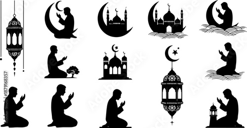 Silhouettes of People Praying with Islamic Symbols.