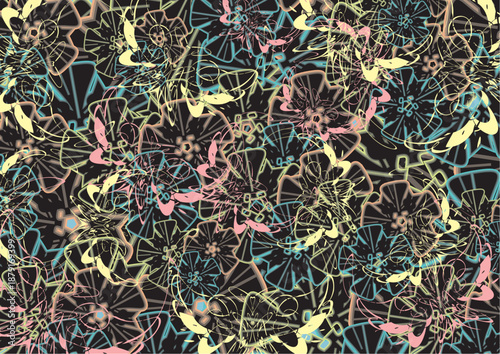 Textural backdrop created by floral and butterfly elements for prints or covers. Tropical motifs for fashion trends, business concepts, textiles, interior solutions, tiles, fabrics, wallpaper, posters