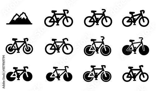 Filled silhouette bicycle icon set with mountain, road, and city bike symbols