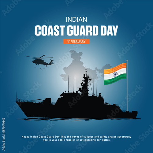 Tableau sur toile indian coast guard day navy silhouette design symbolizing ocean safety rescue an