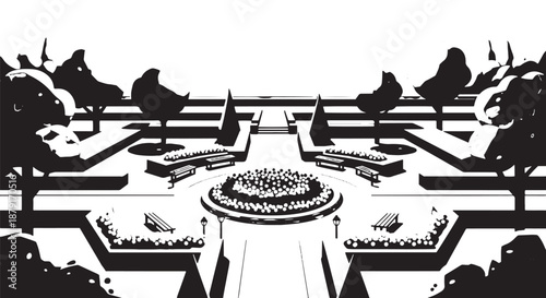 Symmetrical plaza fountain with circular pool, arches, and stone steps in a formal landscape.