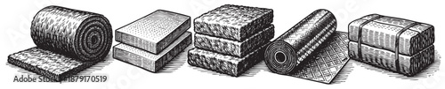 Black and white engraved illustration featuring a variety of hay bales and rolls, perfect for farming, agriculture, or vintage design projects.
