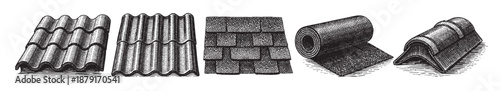 Antique engraving illustrating different roofing materials, including tile, shingles, and rolled roofing, rendered in a vintage, woodcut style. Useful for construction and historical references.
