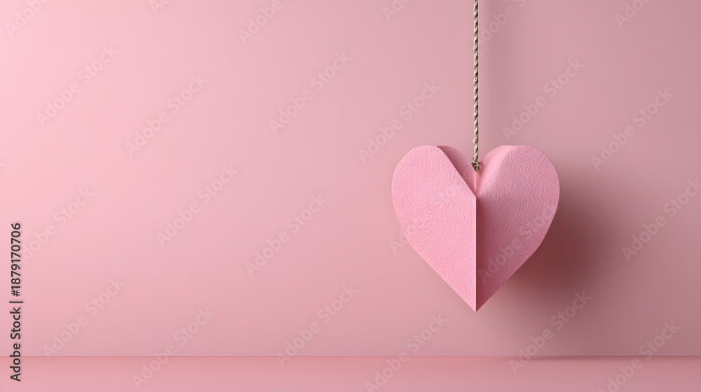 Naklejka premium un diseño de textura color rosa pastel con un corazon colgante de papel con un mecate con espacio de copia pancarta o decorativa para tarjeta 