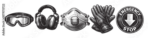 Black and white illustration features safety goggles, ear protection, a mask, gloves, and an emergency stop sign, perfect for conveying safety and prevention.