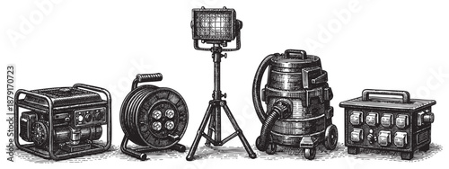 Illustrated construction equipment including a generator, light, cord reel, vacuum, and transformer, all rendered in a vintage engraved style on a clean white background.