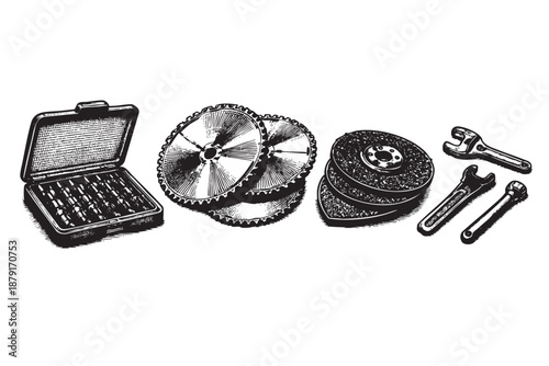 Black and white illustration of a collection of tools, wrenches, discs, and a toolbox, conveying a vintage, technical, or DIY concept.