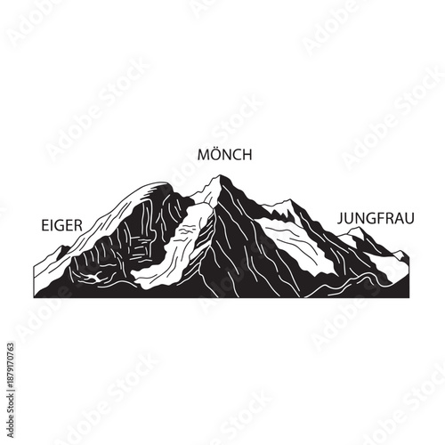 Snowy Alpine Peaks of Eiger Monch Jungfrau Skyline with Rugged Ridge.
