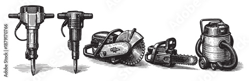 Detailed black and white line art illustration of construction tools like jackhammers, saws, and a vacuum. Suitable for use in design or as a vintage-style asset.