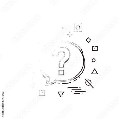 Abstract geometric composition featuring circles, lines, and triangles on a white background, a clean modern design.