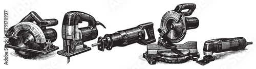 An engraved illustration featuring a set of different power tools in black ink on a white background, ideal for illustrating DIY projects or construction related content.