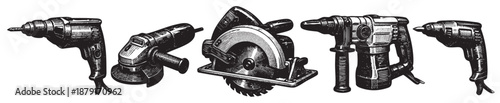 Hand tools, including a drill, grinder, and saw, are shown in a black and white drawing with vintage, artistic style.
