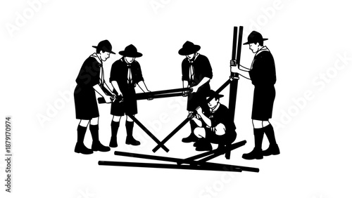 Silhouetted historical scene of public execution with a guillotine and crowd around a scaffold.