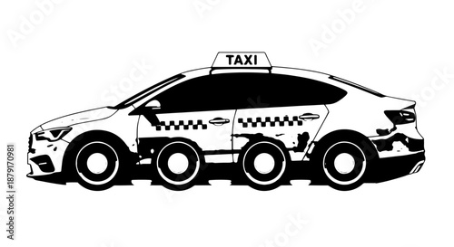 Detailed illustration of a city taxi cab speeding along urban streets with a rooftop sign.
