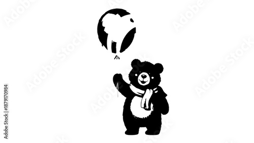 Playful monochrome cartoon bear holding a balloon in a simple illustration style for children.