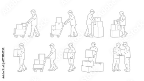 a series of illustrations showing a person moving furniture with a dolly