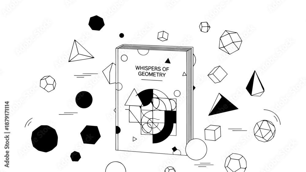 Obraz premium Minimalist black and white geometry book surrounded by abstract shapes and doodles.