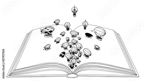 Open book releasing a cascade of skulls and faces in a surreal illustration.