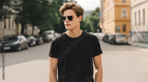 Model in a black T-Shirt   sunglasses, handsome, guy, person, outdoors, fashion, summer, alone, cool, casual, light 