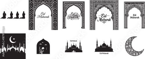 Intricate Patterns of Islamic Art: A collection of meticulously crafted designs, including mosque silhouettes, archways, and crescent moons.