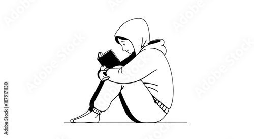 Solitary person seated in a contemplative hug with knees pulled close.