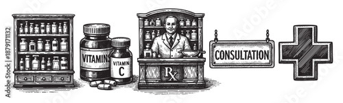 Hand-drawn vintage pharmacy scene with a pharmacist, medicine cabinet, vitamin bottles, consultation sign, and a pharmacy cross symbol in black and white.