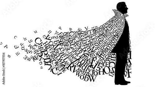 Silhouette of a man with a flowing cape made of scattered letters in motion.