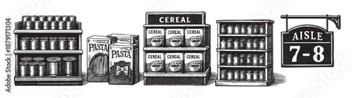 Black and white hand drawn illustration of grocery aisle 7-8 with canned goods, pasta boxes and cereal on shelves in a vintage style.