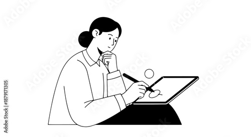 Minimal line illustration of woman using tablet and drinking coffee.